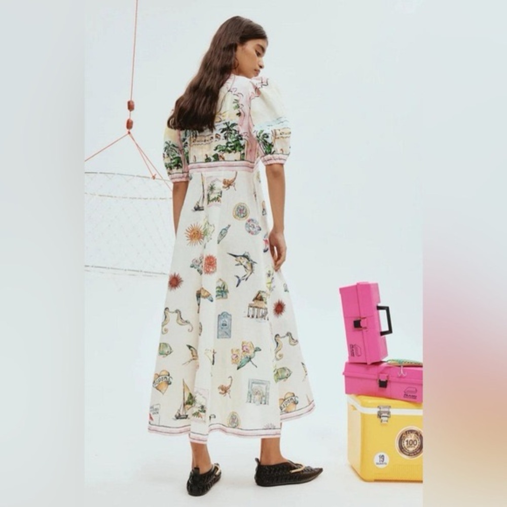 Alemais | Cream Midi Dress with Pastel Pink Trim and Tropical Print - sz 6 (us) - Picture 4 of 11